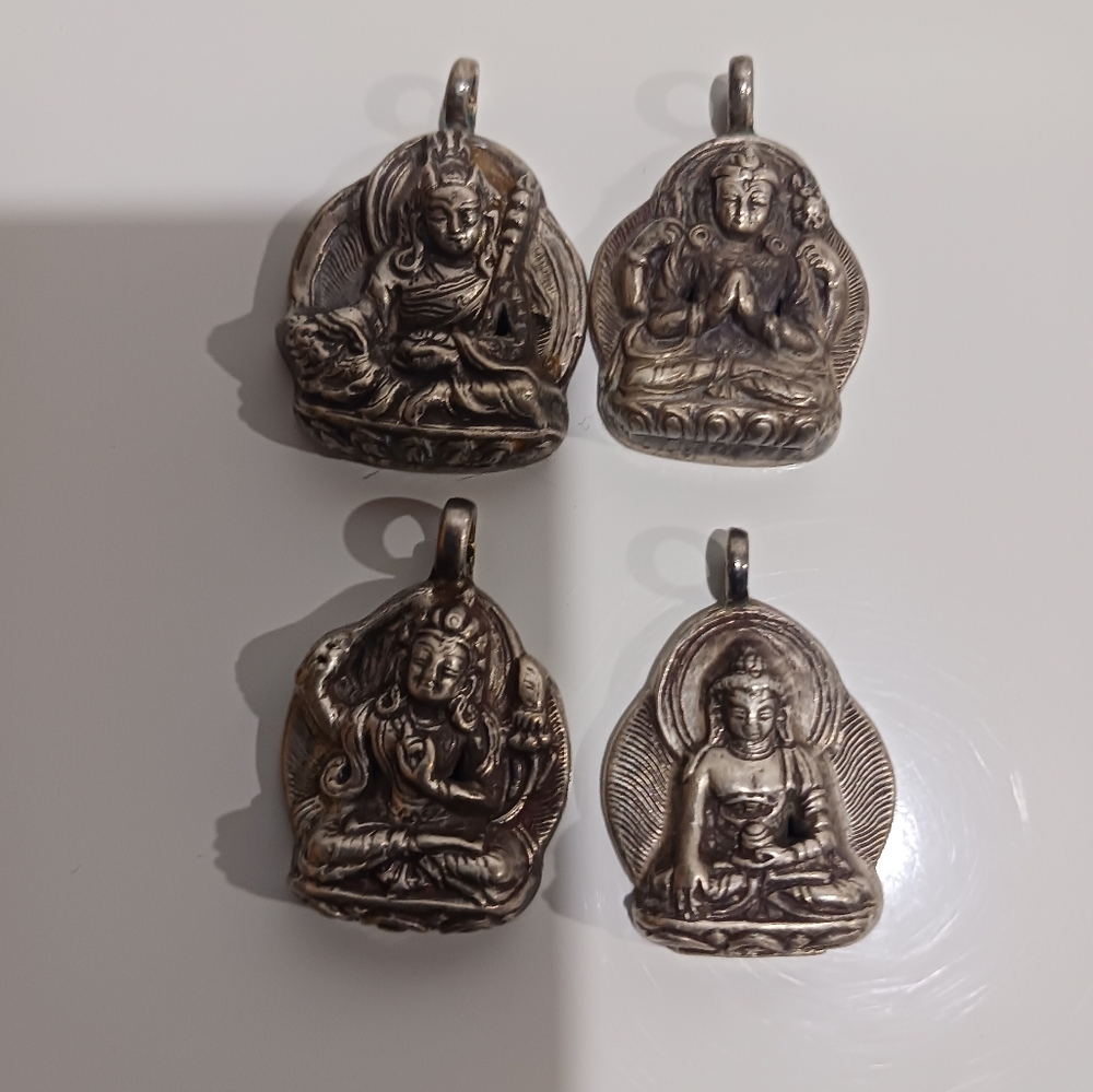 Set of 4 Vintage Silver Buddhist Pendants